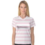 Horizontal Stripes - White and Piggy Pink Women s V-Neck Sport Mesh Tee