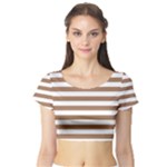 Horizontal Stripes - White and French Beige Short Sleeve Crop Top (Tight Fit)