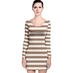 Horizontal Stripes - White and French Beige Long Sleeve Velvet Bodycon Dress