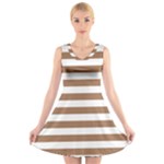 Horizontal Stripes - White and French Beige V-Neck Sleeveless Dress