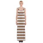 Horizontal Stripes - White and French Beige Maxi Thigh Split Dress