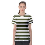 Horizontal Stripes - White and Army Green Women s Sport Mesh Tee