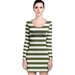 Horizontal Stripes - White and Army Green Long Sleeve Velvet Bodycon Dress