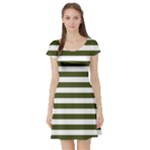 Horizontal Stripes - White and Army Green Short Sleeve Skater Dress