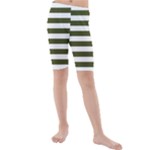 Horizontal Stripes - White and Army Green Kid s Mid Length Swim Shorts