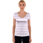 Horizontal Stripes - White and Pale Thistle Violet Women s V-Neck Cap Sleeve Top