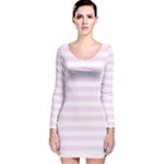 Horizontal Stripes - White and Pale Thistle Violet Long Sleeve Velvet Bodycon Dress