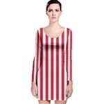 Vertical Stripes - White and Cardinal Red Long Sleeve Velvet Bodycon Dress