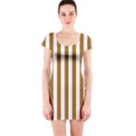Vertical Stripes - White and Golden Brown Short Sleeve Bodycon Dress