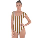 Vertical Stripes - White and Golden Brown Short Sleeve Leotard (Ladies)