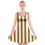 Vertical Stripes - White and Golden Brown V-Neck Sleeveless Dress