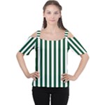 Vertical Stripes - White and Forest Green Women s Cutout Shoulder Tee