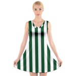 Vertical Stripes - White and Forest Green V-Neck Sleeveless Dress