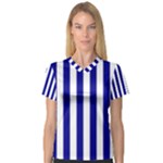 Vertical Stripes - White and Dark Blue Women s V-Neck Sport Mesh Tee