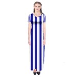 Vertical Stripes - White and Dark Blue Short Sleeve Maxi Dress