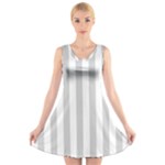 Vertical Stripes - White and Light Gray V-Neck Sleeveless Dress
