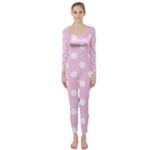 Polka Dots - White on Classic Rose Pink Long Sleeve Catsuit