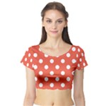 Polka Dots - White on Tomato Red Short Sleeve Crop Top (Tight Fit)