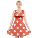 Polka Dots - White on Tomato Red V-Neck Sleeveless Dress