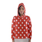 Polka Dots - White on Tomato Red Hooded Wind Breaker (Women)