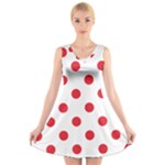 Polka Dots - Alizarin Red on White V-Neck Sleeveless Dress