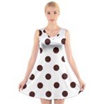 Polka Dots - Dark Sienna Brown on White V-Neck Sleeveless Dress