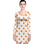 Polka Dots - Orange on White Long Sleeve Velvet Bodycon Dress