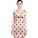 Polka Dots - Tangelo Orange on White Long Sleeve Bodycon Dress