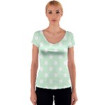 Polka Dots - White on Pastel Green Women s V-Neck Cap Sleeve Top