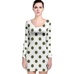 Polka Dots - Army Green on White Long Sleeve Velvet Bodycon Dress