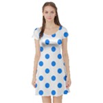 Polka Dots - Dodger Blue on White Short Sleeve Skater Dress
