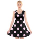 Polka Dots - Classic Rose Pink on Black V-Neck Sleeveless Dress