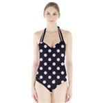 Polka Dots - Classic Rose Pink on Black Women s Halter One Piece Swimsuit