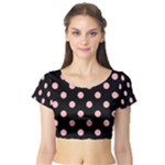 Polka Dots - Light Pink on Black Short Sleeve Crop Top (Tight Fit)