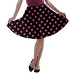 Polka Dots - Dark Pink on Black A-line Skater Skirt