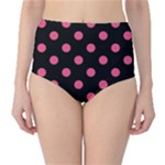 Polka Dots - Dark Pink on Black High-Waist Bikini Bottoms