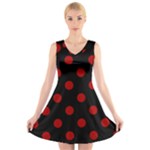 Polka Dots - Dark Candy Apple Red on Black V-Neck Sleeveless Dress