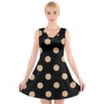 Polka Dots - Tan Brown on Black V-Neck Sleeveless Dress