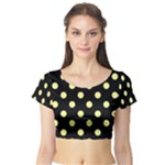 Polka Dots - Pastel Yellow on Black Short Sleeve Crop Top (Tight Fit)
