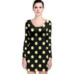 Polka Dots - Pastel Yellow on Black Long Sleeve Velvet Bodycon Dress