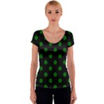 Polka Dots - Dark Green on Black Women s V-Neck Cap Sleeve Top