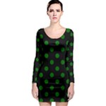 Polka Dots - Dark Green on Black Long Sleeve Bodycon Dress