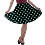 Polka Dots - Aquamarine on Black A-line Skater Skirt