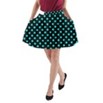 Polka Dots - Aqua Cyan on Black A-Line Pocket Skirt
