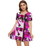 Pink Checker Graffiti  Tiered Short Sleeve Mini Dress