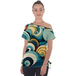 Wave Waves Ocean Sea Abstract Whimsical Off Shoulder Tie-Up T-Shirt