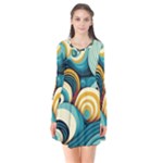 Wave Waves Ocean Sea Abstract Whimsical Long Sleeve V-neck Flare Dress