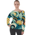 Wave Waves Ocean Sea Abstract Whimsical Off Shoulder Long Sleeve Velour Top