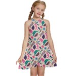 Multi Colour Pattern Kids  Halter Collar Waist Tie Chiffon Dress