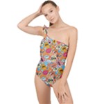 Pop Culture Abstract Pattern Frilly One Shoulder Swimsuit